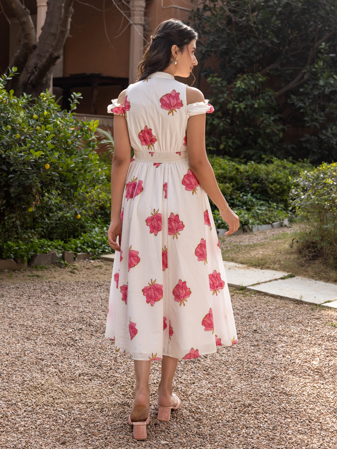 FIORRA Women's White Floral Print Cotton Midi Dress